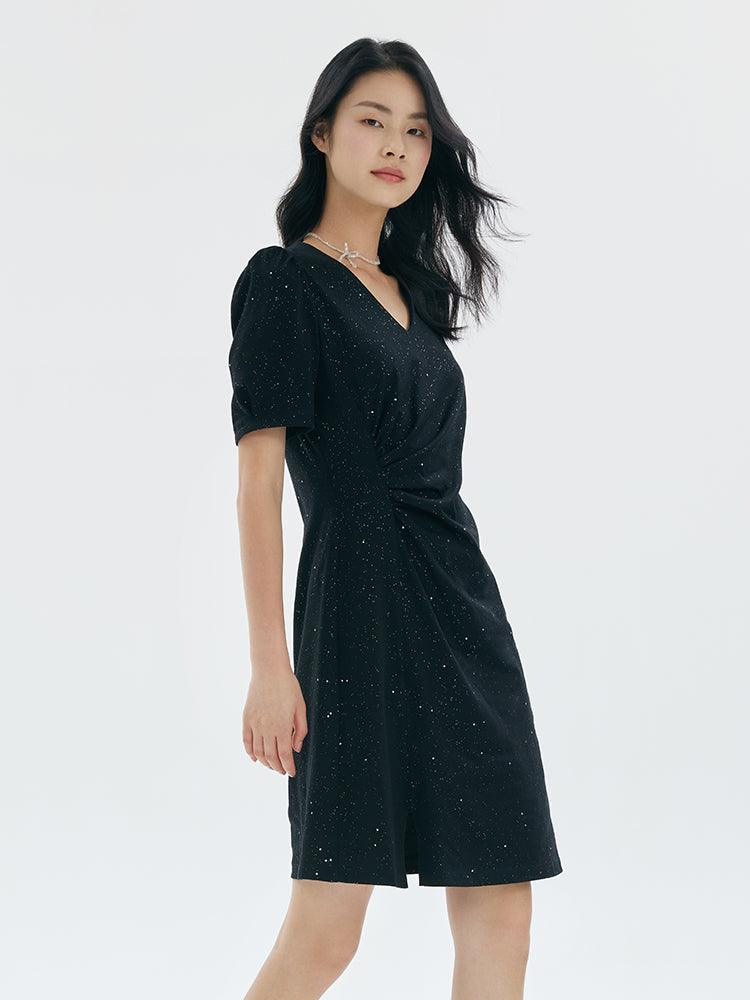 Black V-Neck Asymmetrical Pleated Dress GOELIA