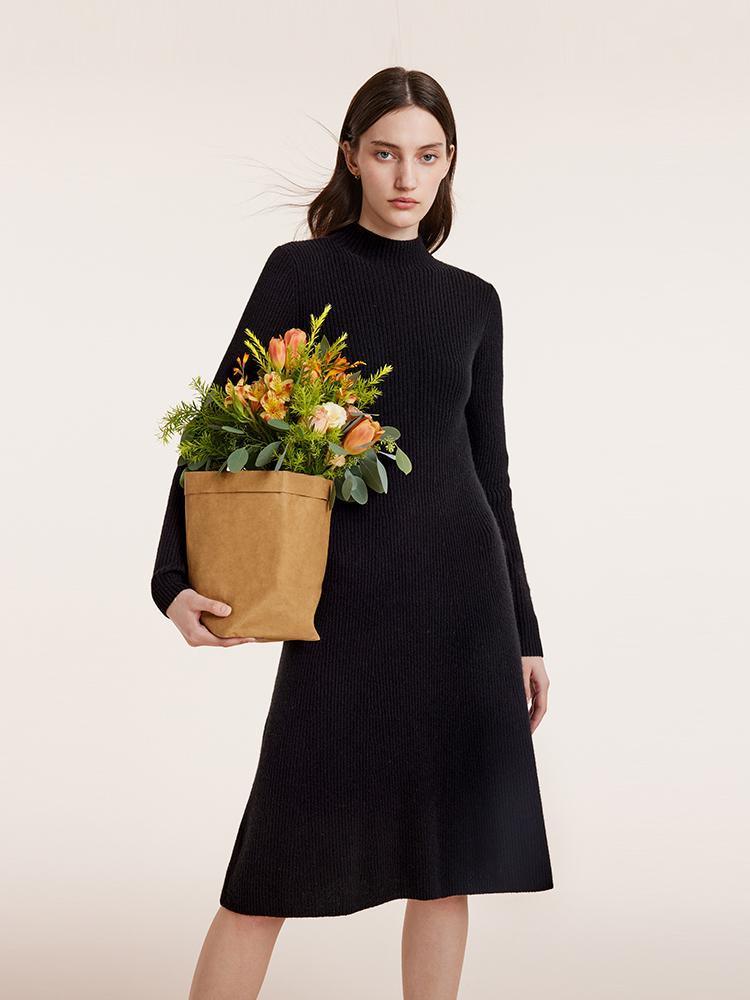 Black Pure Cashmere Mock Neck Knit Dress GOELIA