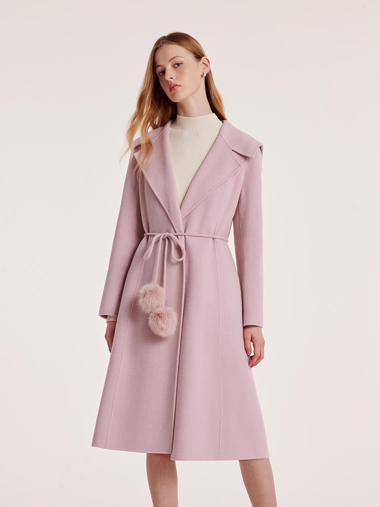 Pink Tencel Wool Double-Faced Lapel Coat With Belt GOELIA