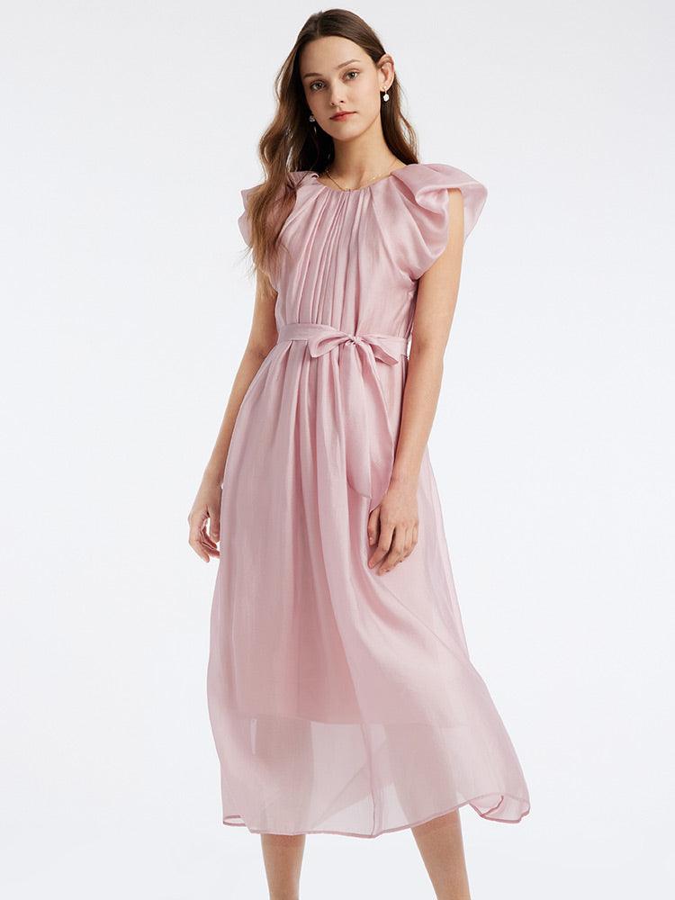 Pink V-Neck Ruffle Sleeve Mid-Calf Dress GOELIA