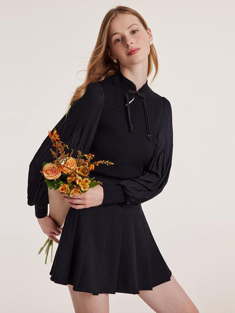 Tencel Wool Patchwork Cheongsam Button Mandarin Collar Sweater