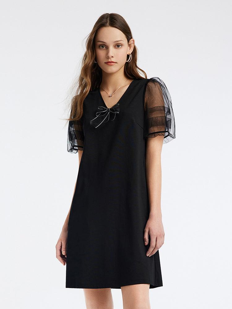 Bow Tie Puffy Sleeve Knitted Dress GOELIA