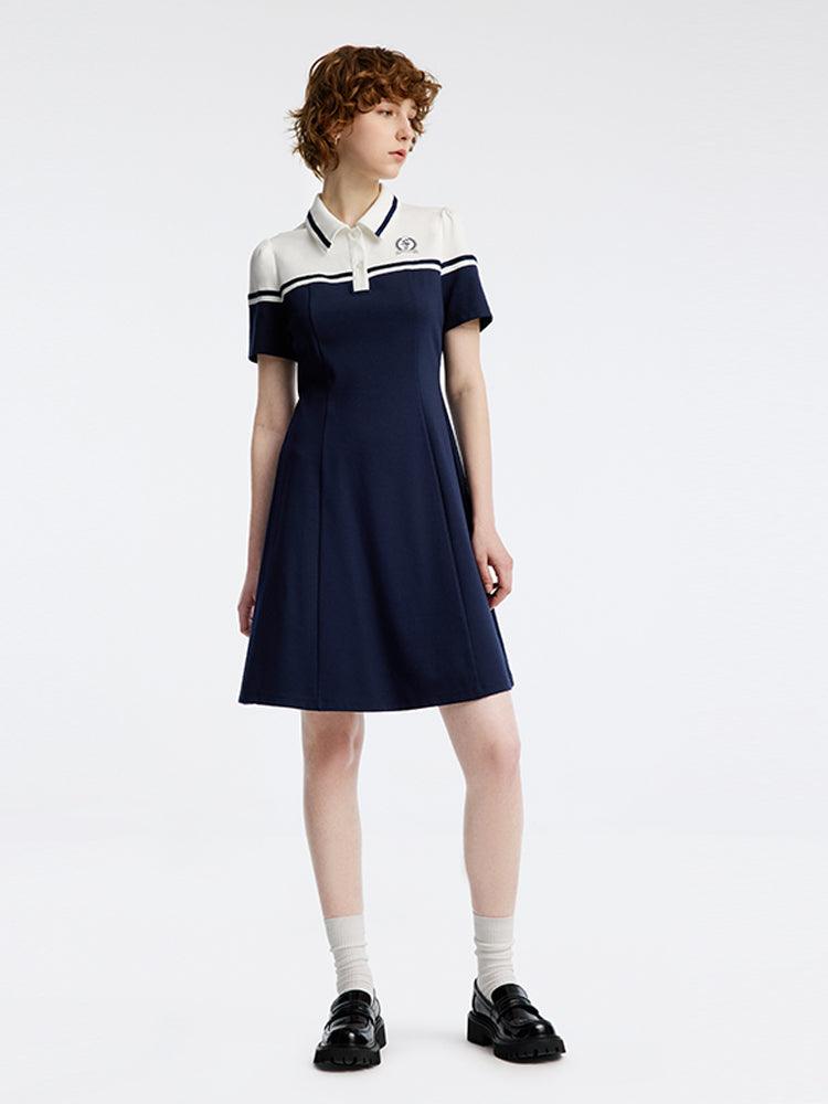 Lapel Collar Colour Block Knitted Dress GOELIA