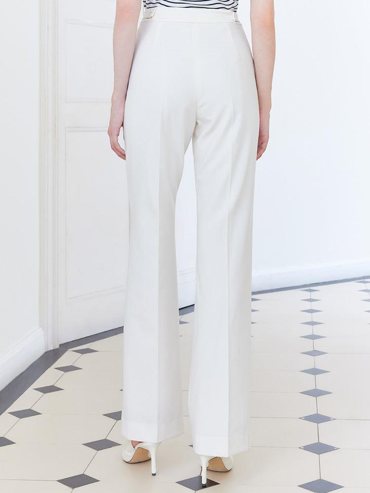 White Adjustable Waist Full Length Pants GOELIA