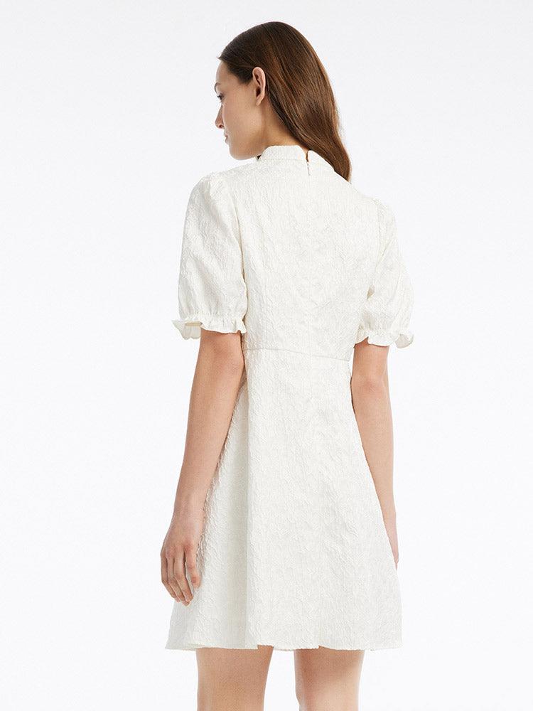 White Cheongsam Jacquard Puff Sleeve Midi Dress GOELIA