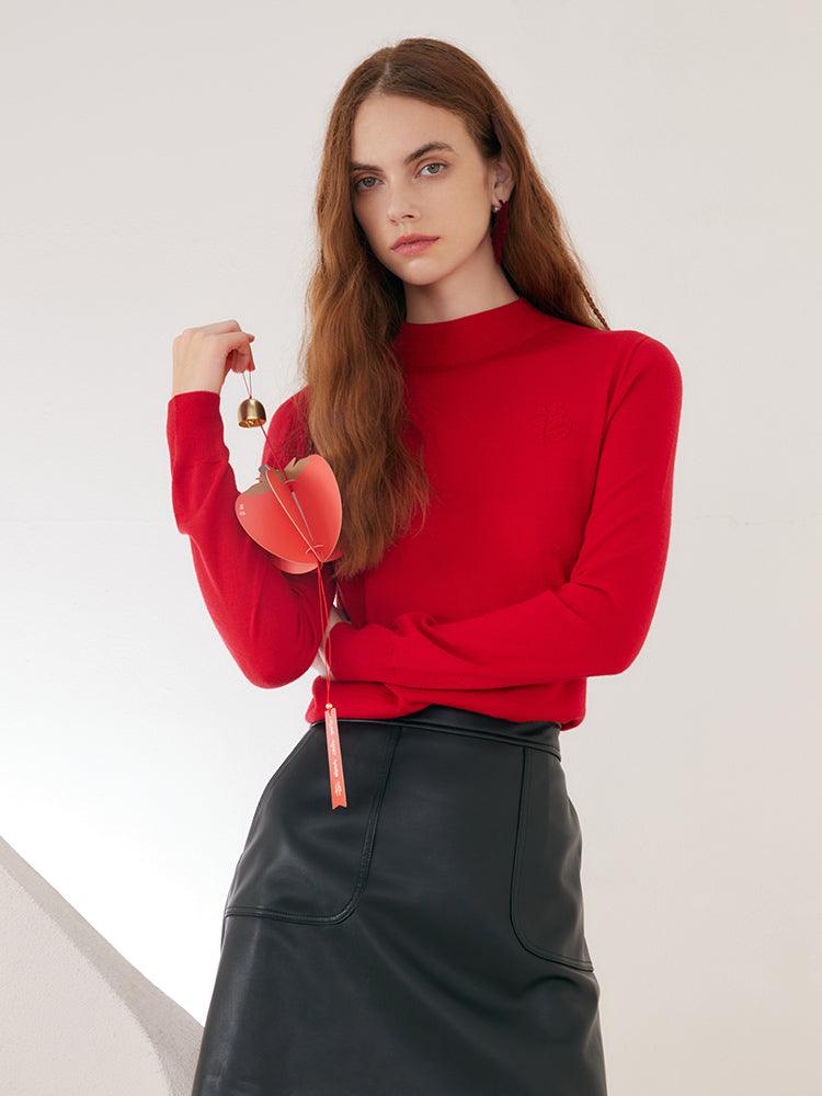 Red Slim Jacquand Woolen Top GOELIA