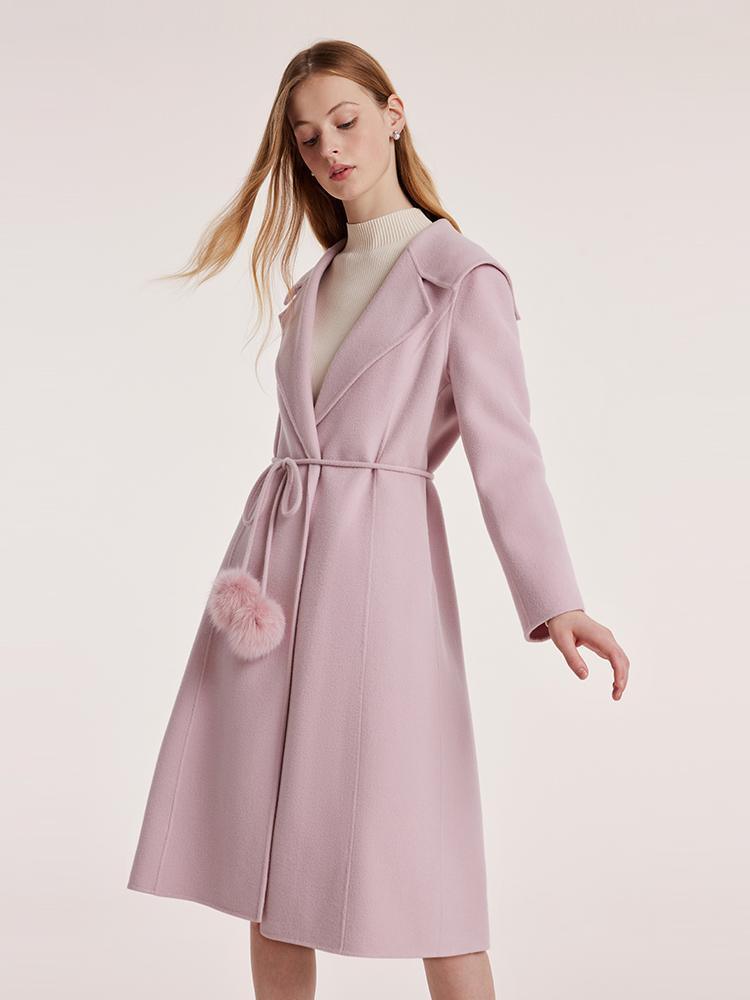 Pink Tencel Wool Double-Faced Lapel Coat With Belt GOELIA