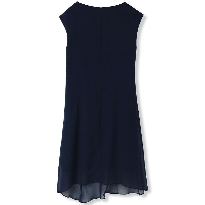 Dark Blue Silk Boat Neck Dress GOELIA