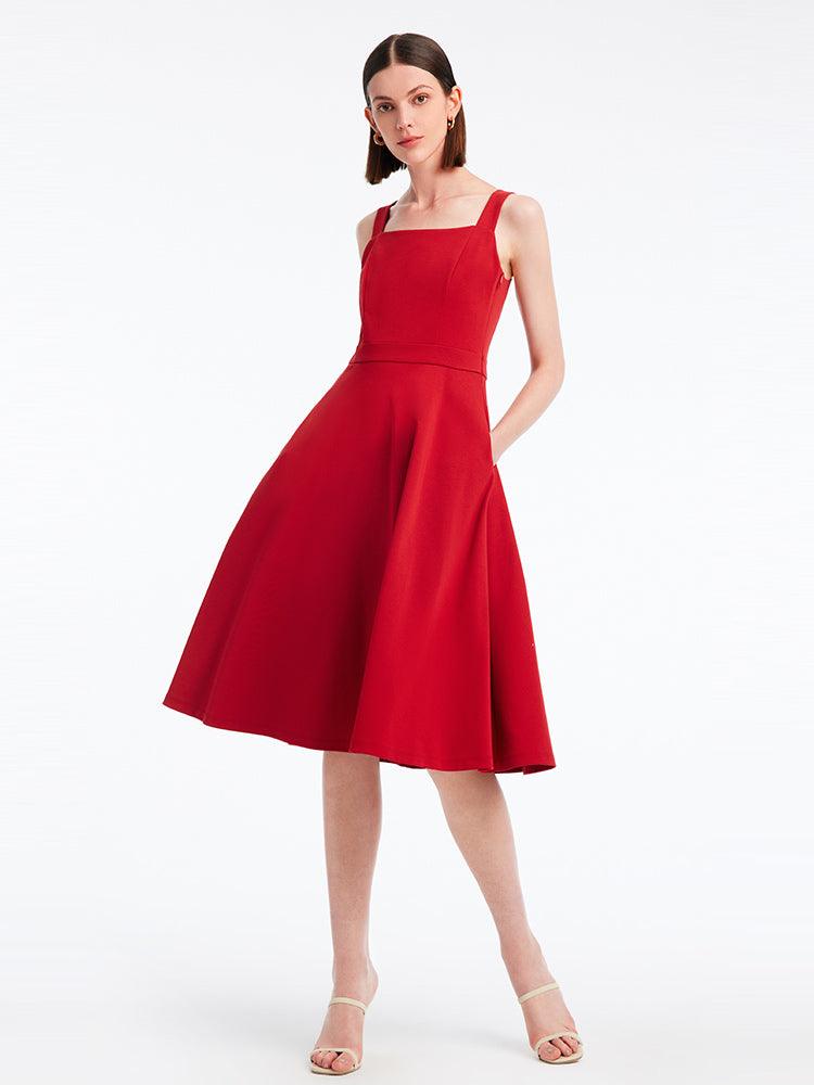 Chili Red Waist-Skimming Spaghetti Strap Dress GOELIA