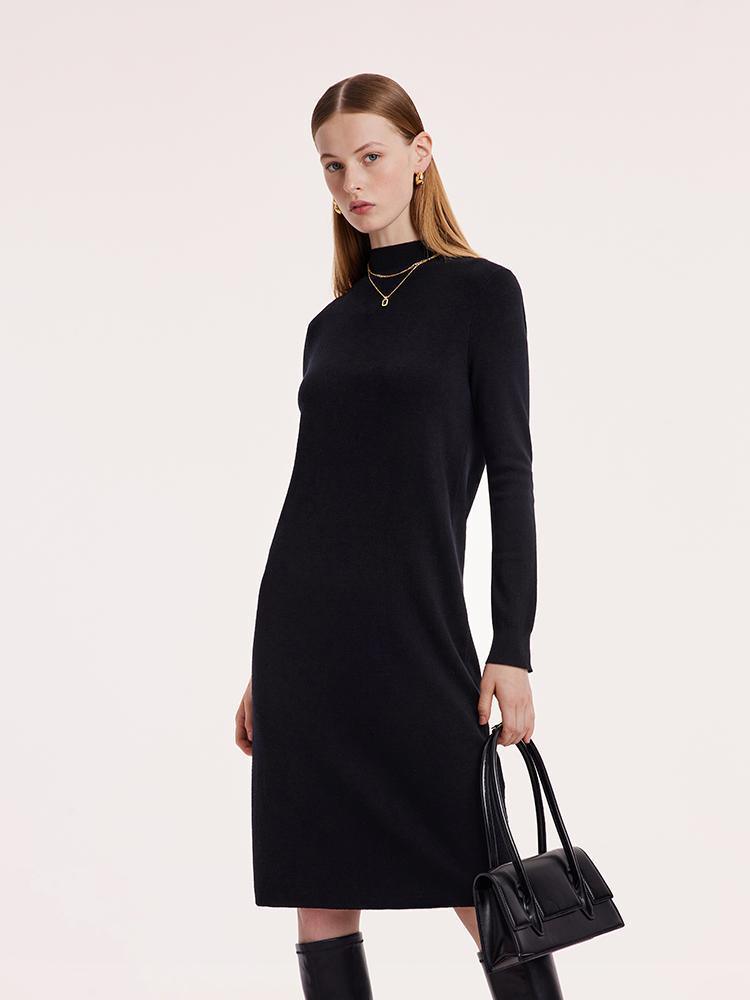 Black Pure Wool Mock Neck Knit Dress GOELIA