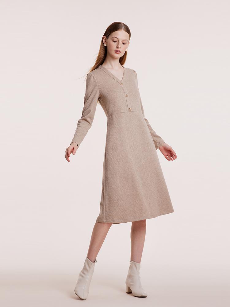 Beige Knit V-Neck Dress GOELIA