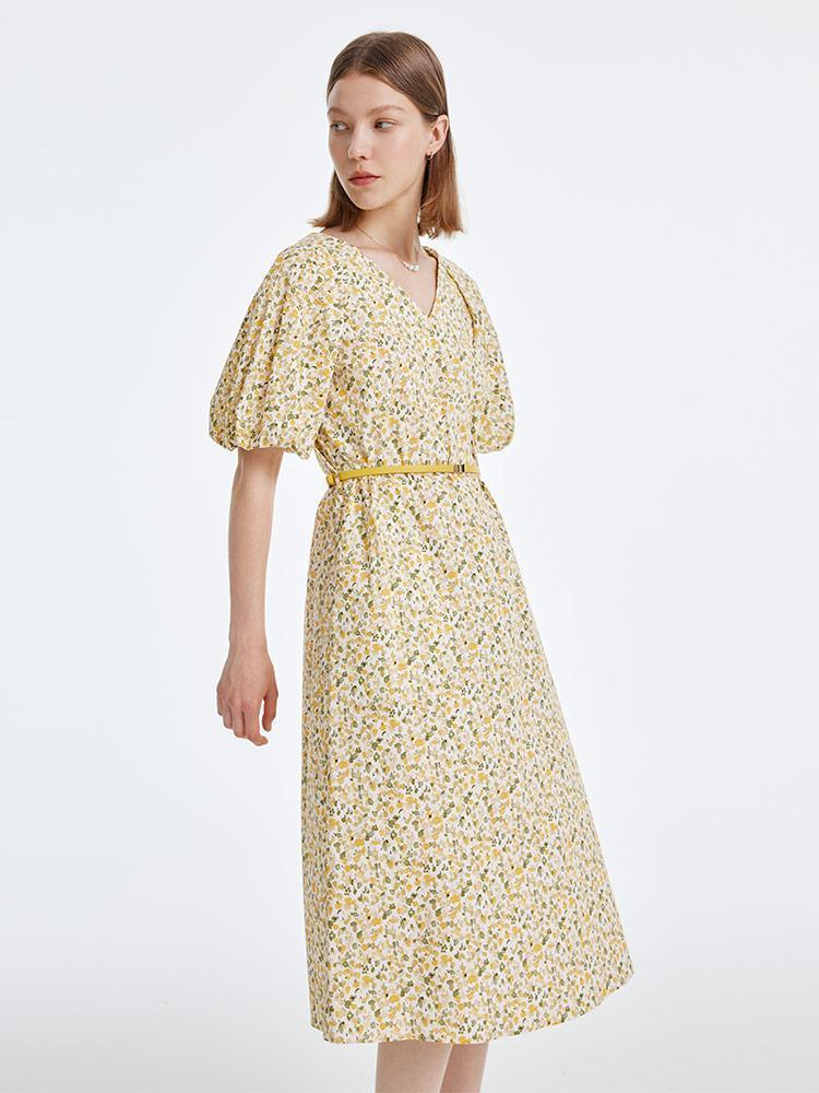 Yellow Floral Puff Sleeve Dress GOELIA