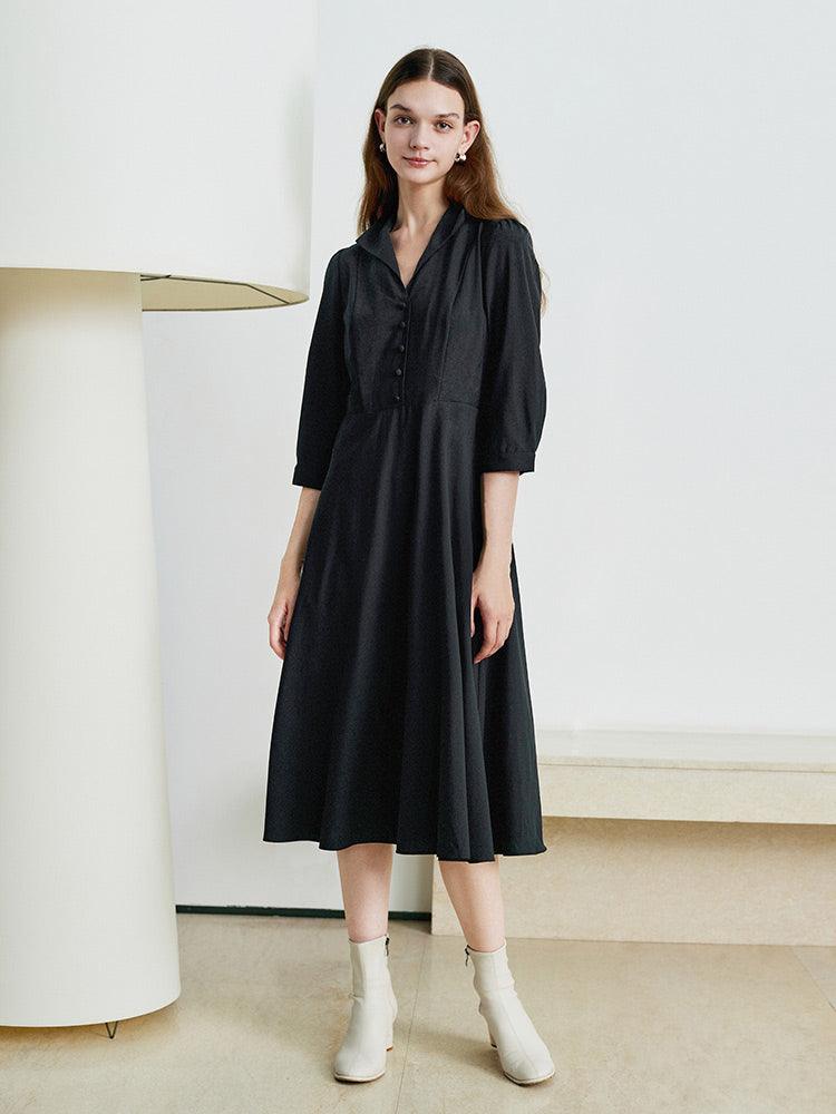 Black Wrosted Woolen Lapel Dress GOELIA