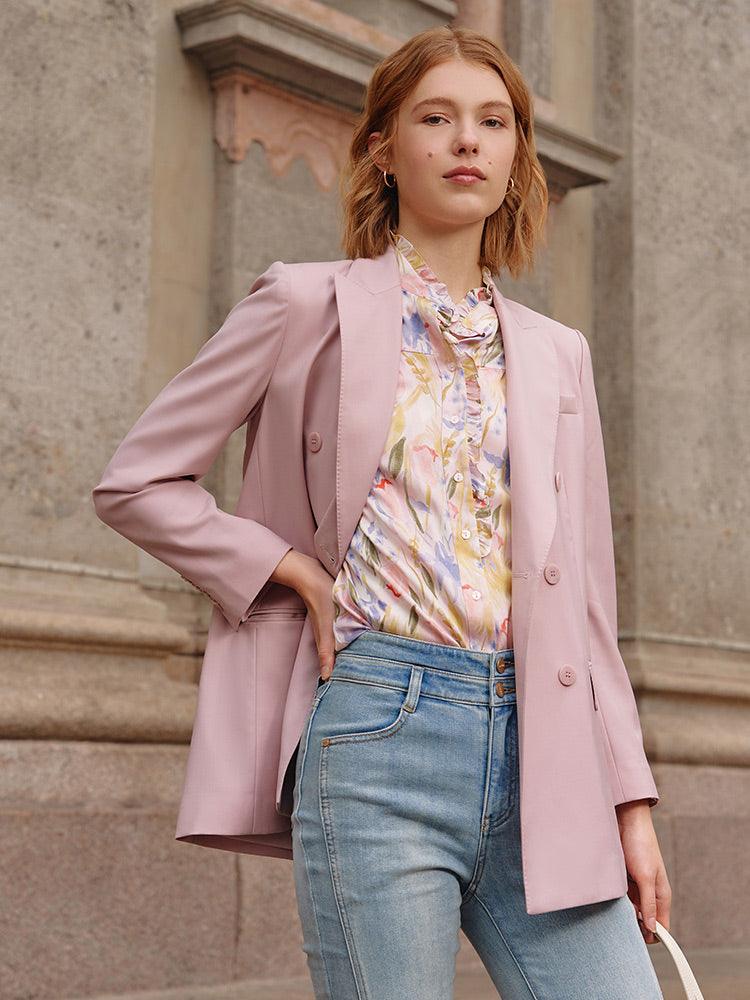 Pink Double-Breasted Worsted Woolen Blazer GOELIA