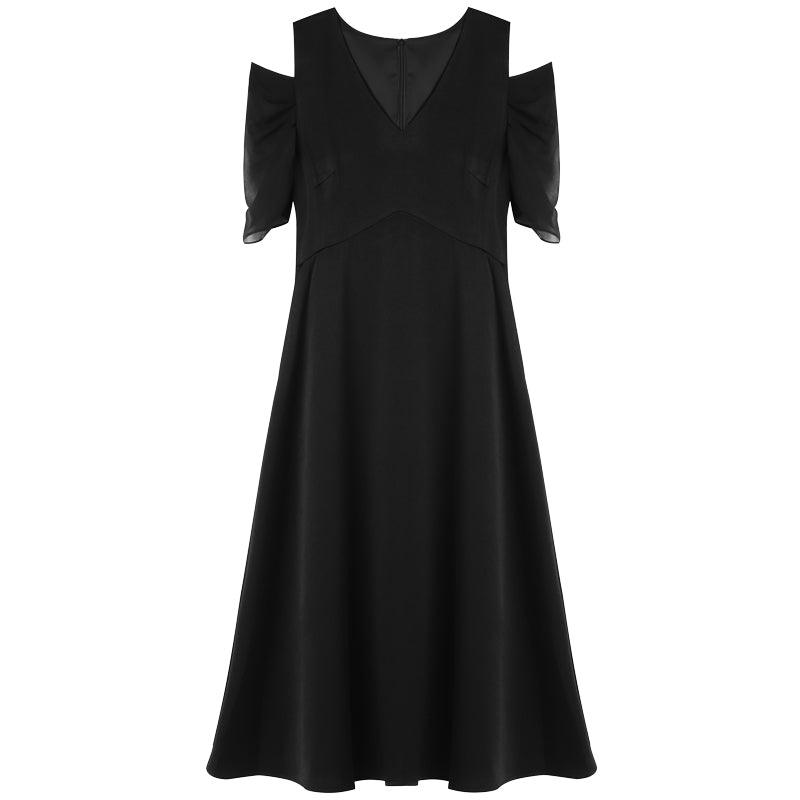 Black Triacetate Gathered Waist V-Neck Dress GOELIA