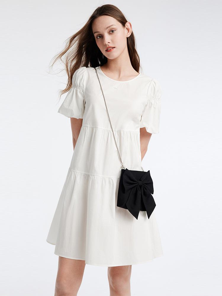 Bow Wrapped Lotus Sleeve Small White Dress GOELIA