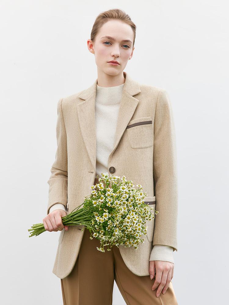 Vintage Cream Khaki & Brown Color Block Blazer GOELIA