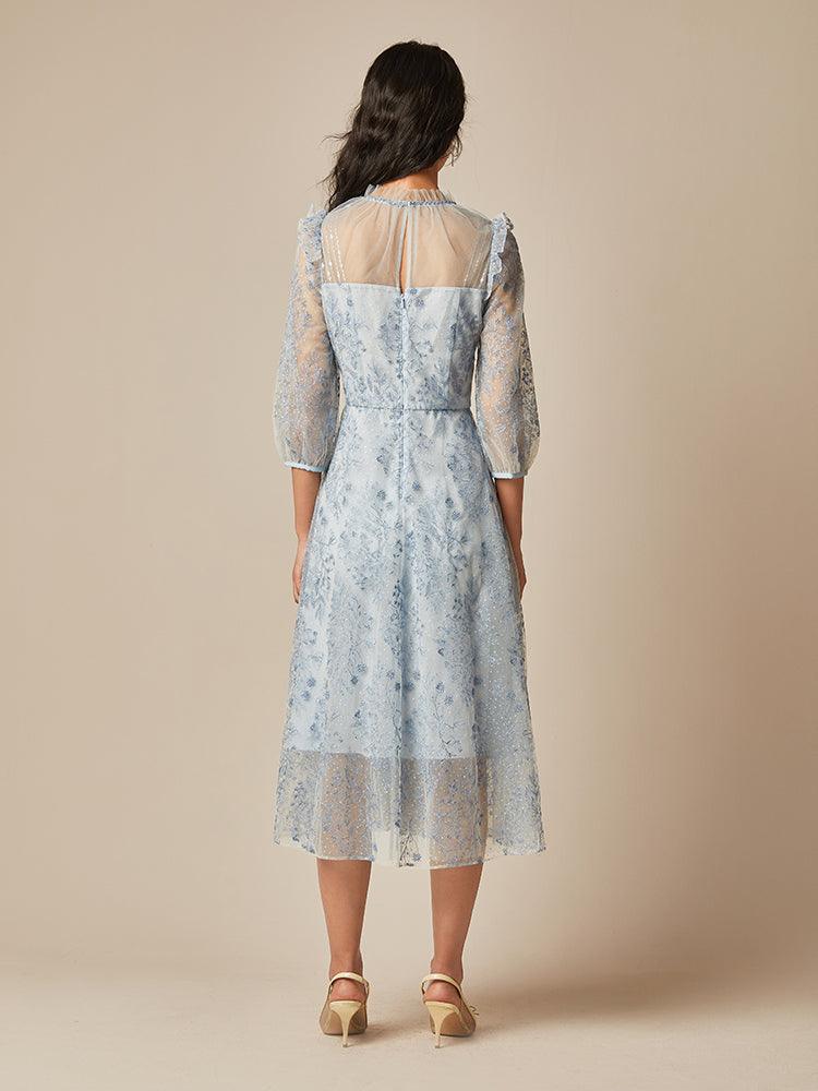 Blue See-Through Mesh Embroidered Dress GOELIA