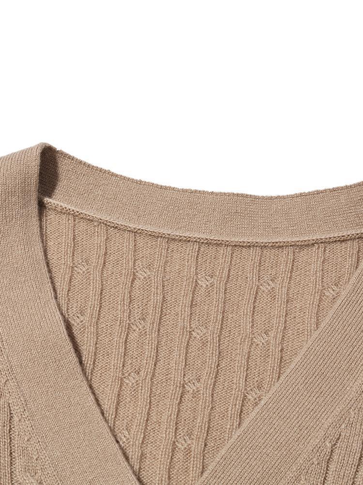 Camel Pure Cashmere V-Neck Cable Knit Cardigan GOELIA