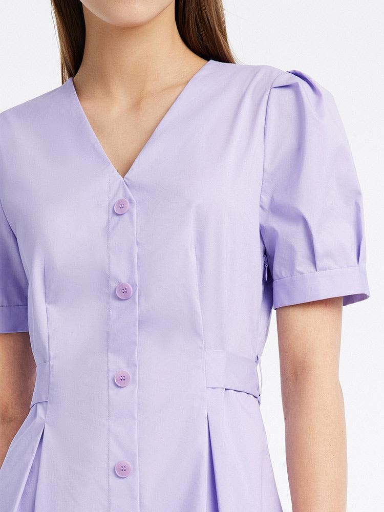 Purple Puff Sleeve Waist-Skimming Dress GOELIA