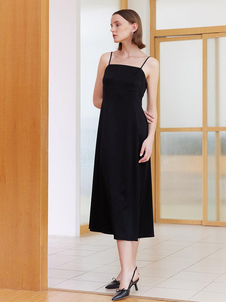 Black Triacetate Smooth Spaghetti Strap Dress GOELIA