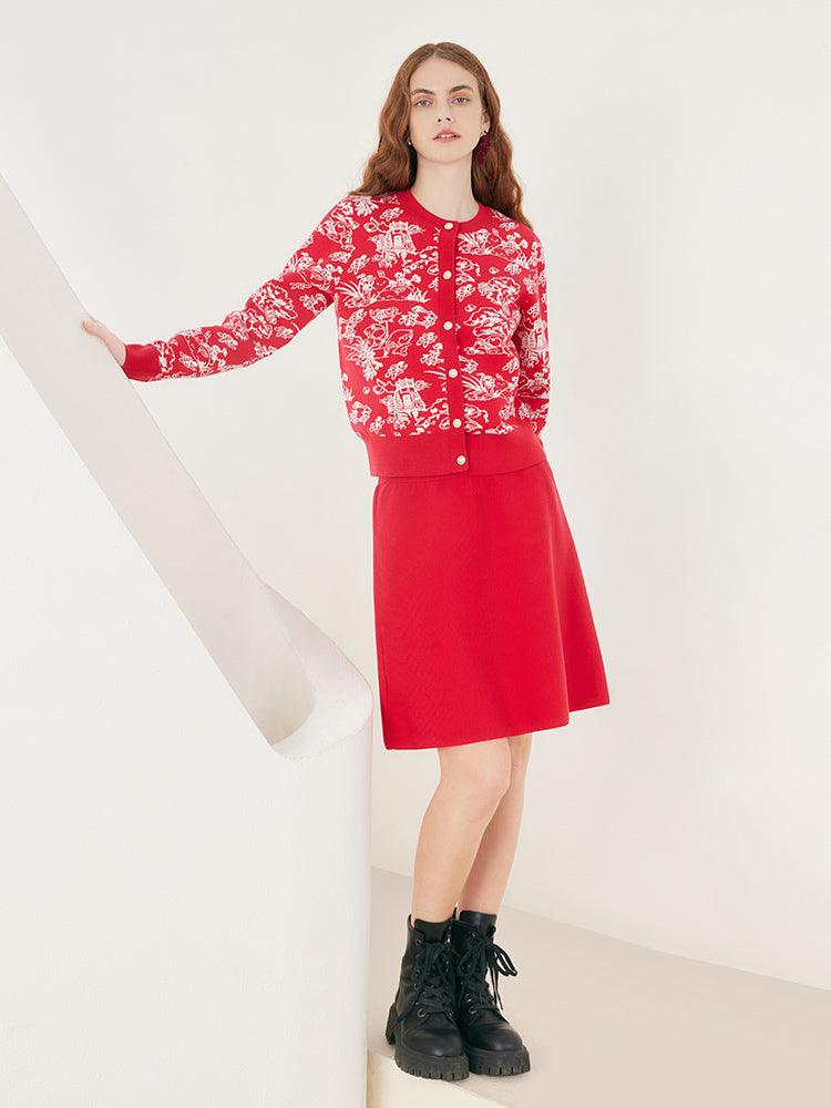 Red Floral Jacquard Suit Cardigan&Skirt GOELIA