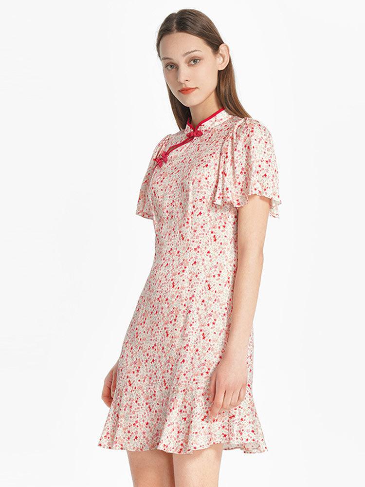 Floral Ruffle Sleeve Cheongsam Dress GOELIA