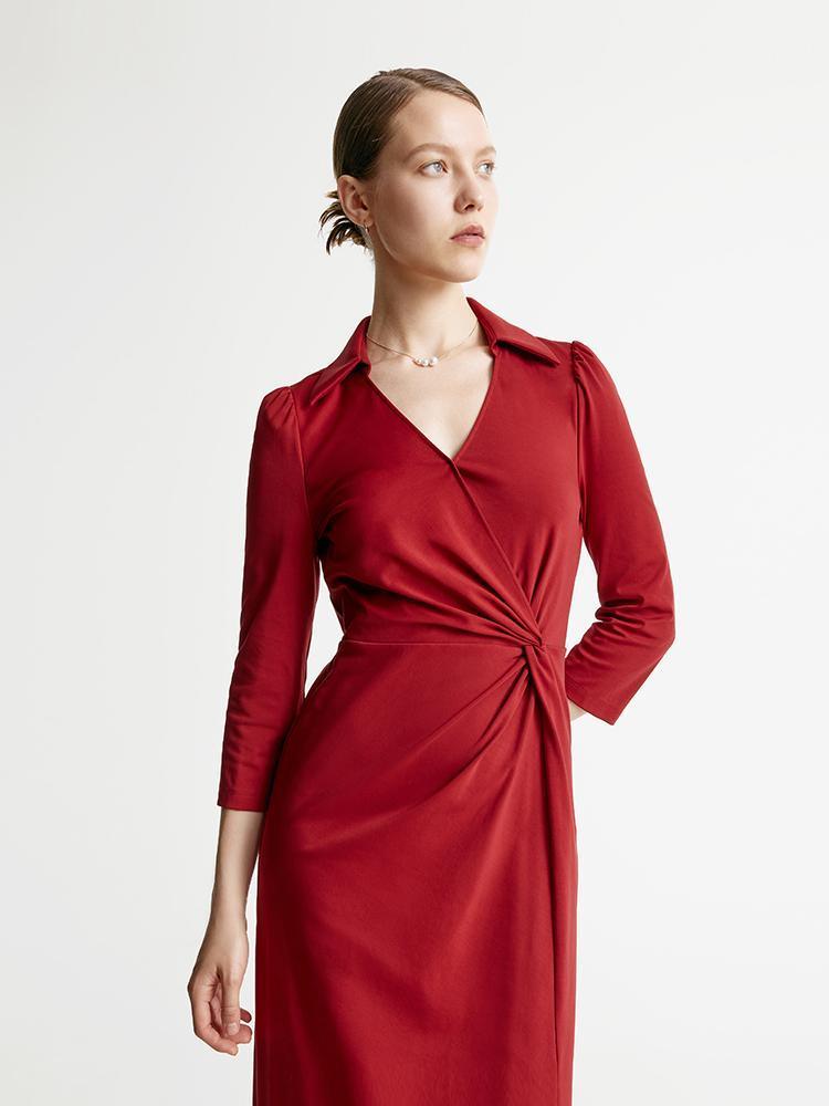 Red V-Neck Ruched Dress GOELIA