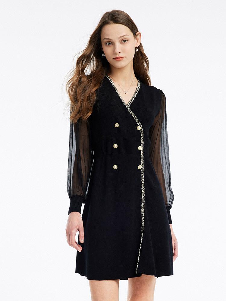 Mesh Sleeve V-Neck Double-Breasted Dress
