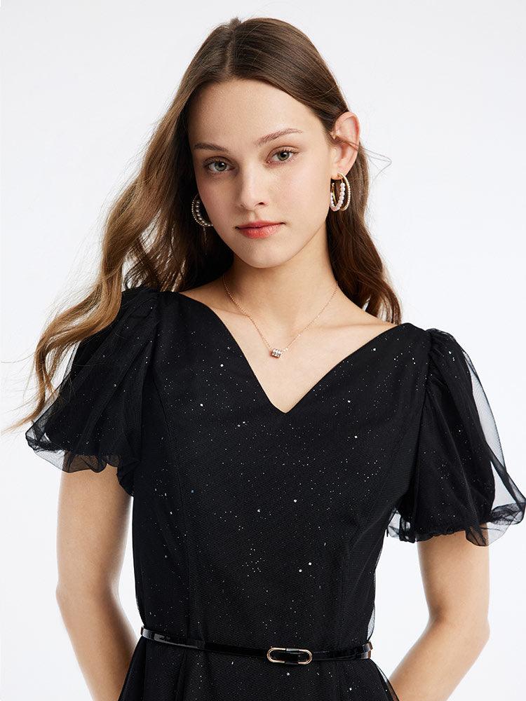 Black V-Neck Mesh Princess Sleeve Dress GOELIA