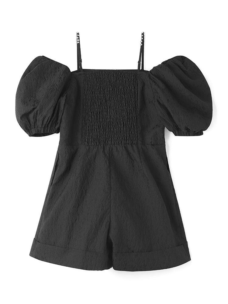 Black Bowknot Rhinestone Jacquard Romper GOELIA