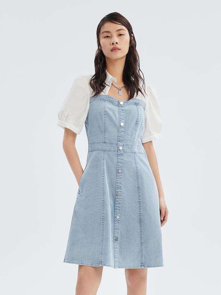 Black&White Color Block Hole Denim Dress GOELIA