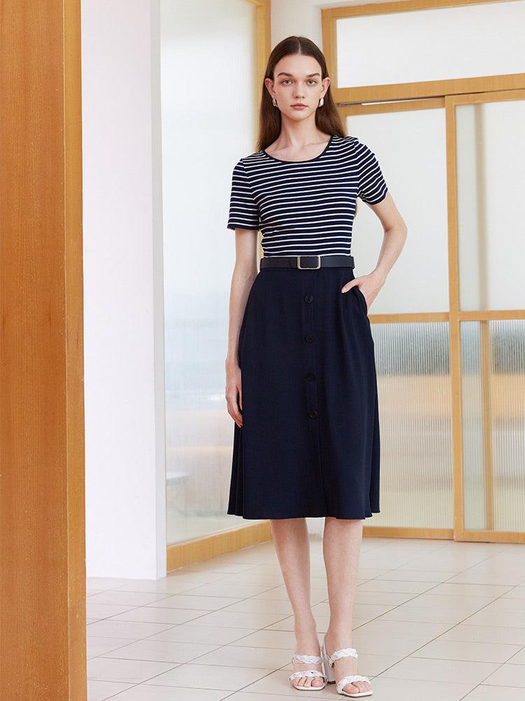 Stripe Patchwork Dress With Belt GOELIA