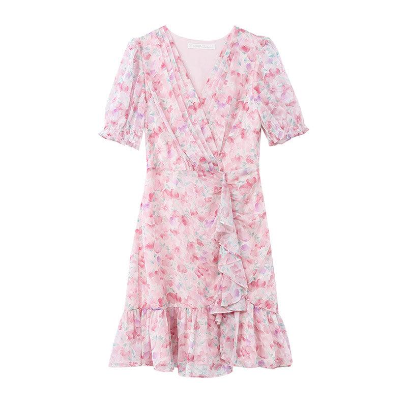 Pink Floral Short Sleeve Dress GOELIA