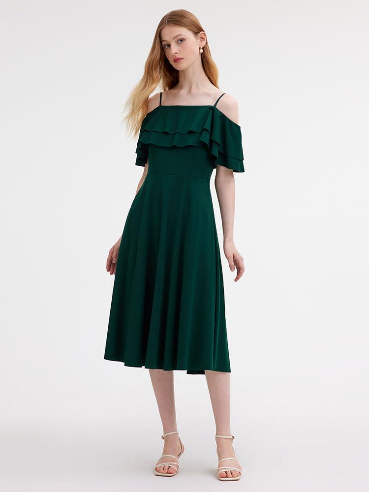 Off-Shoulder Ruffle Trim Knitted Dress GOELIA