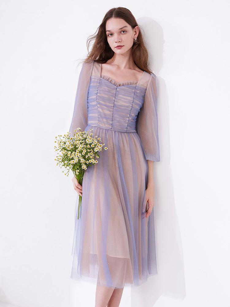 Colorful Mesh Layers See-Through Sleeve Dress GOELIA