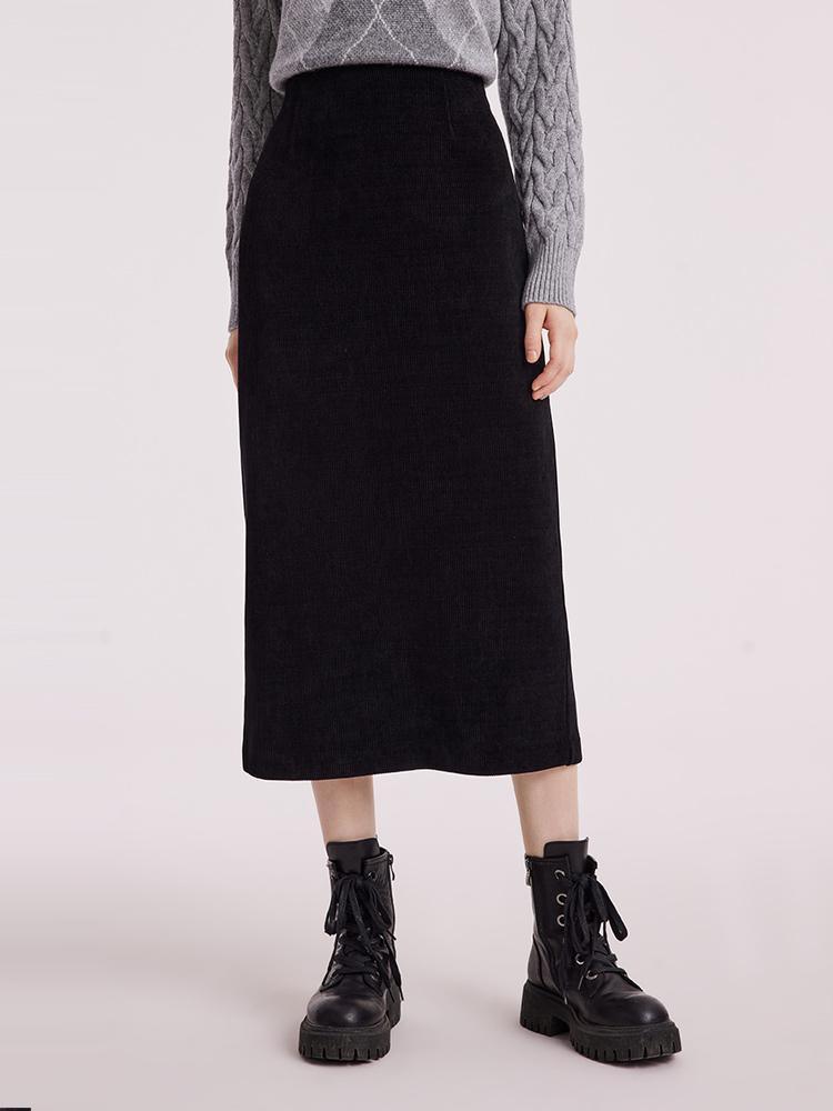 Black Straight Knitted Slit Skirt GOELIA