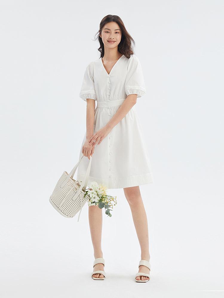 Cotton Gathered Waist Loose Hem Dress GOELIA