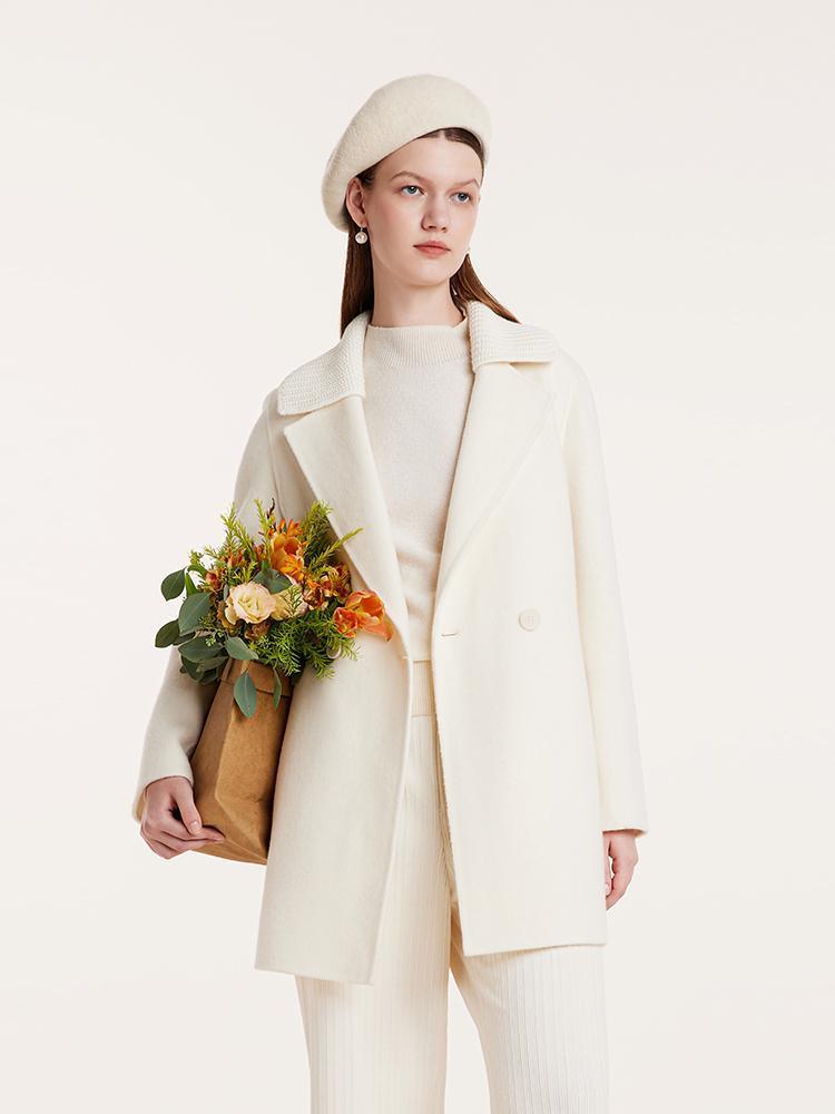 White Mid-Length Double-Faced Wool Coat With Detachable Collar GOELIA