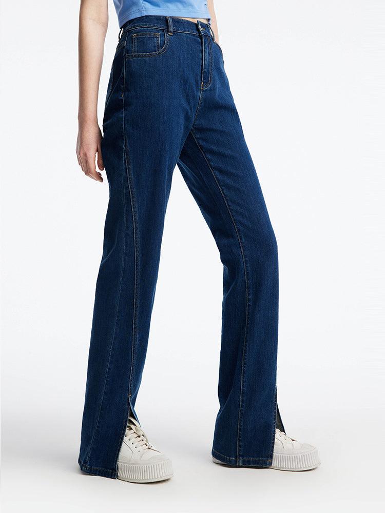 Slant Slit Denim Straight Leg Full Length Jeans GOELIA