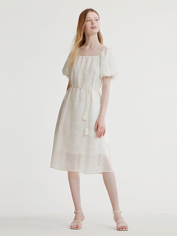 Square Neck Embroidered Dress With Belt GOELIA