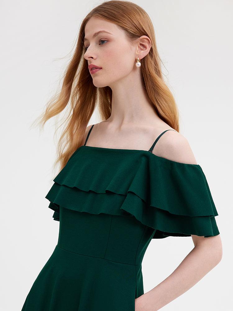 Off-Shoulder Ruffle Trim Knitted Dress GOELIA