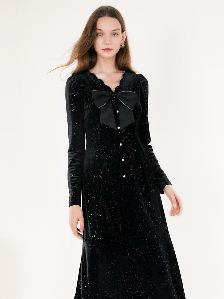 V-Neck Detachable Bowknot Velvet Dress GOELIA