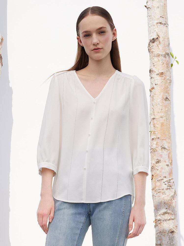 White Acetate V-neck pearl Button Blouse GOELIA