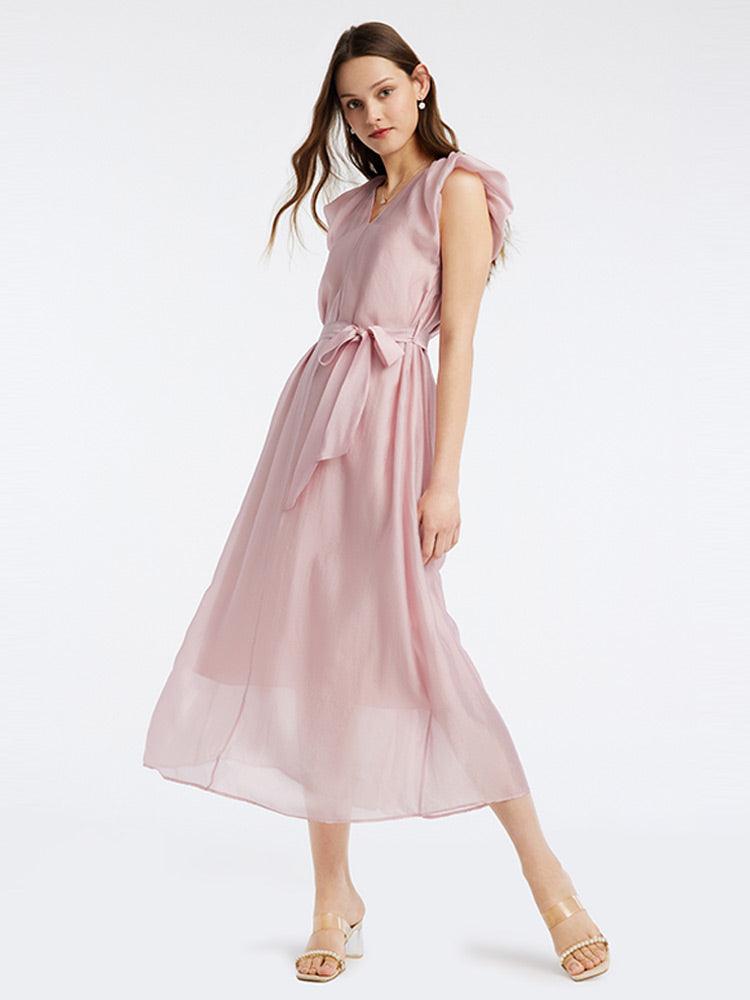 Pink V-Neck Ruffle Sleeve Mid-Calf Dress GOELIA