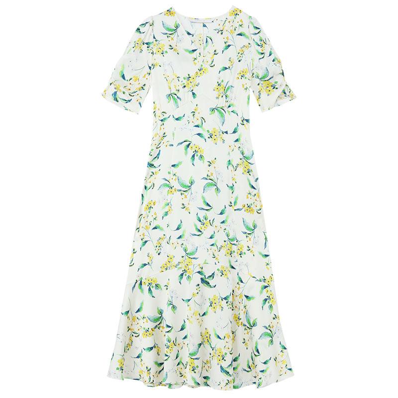 Silk Floral V-neck Waist-Skimming Dress GOELIA