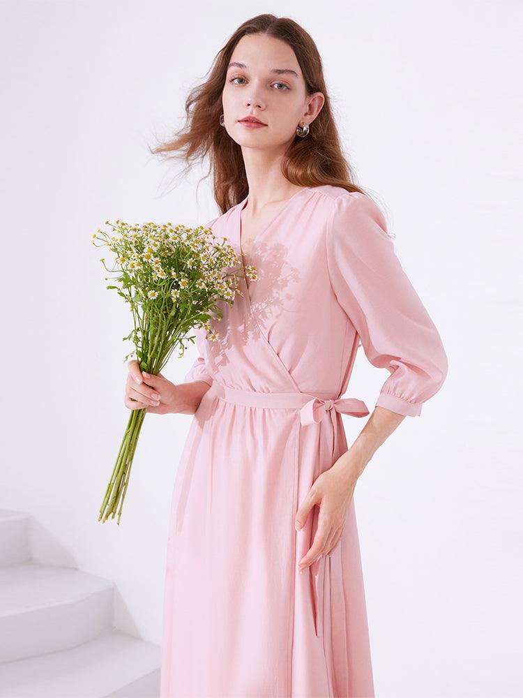 Pink V-neck Flowy Wrap Dress GOELIA