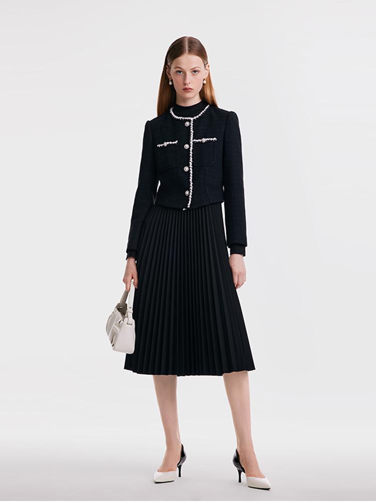 Tweed Jacket And Pleated Dress Two-Piece Suit GOELIA