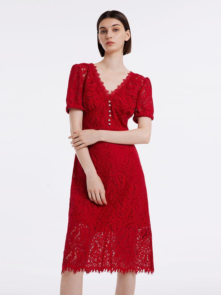 Lace V-Neck Mid Sleeve Dress GOELIA