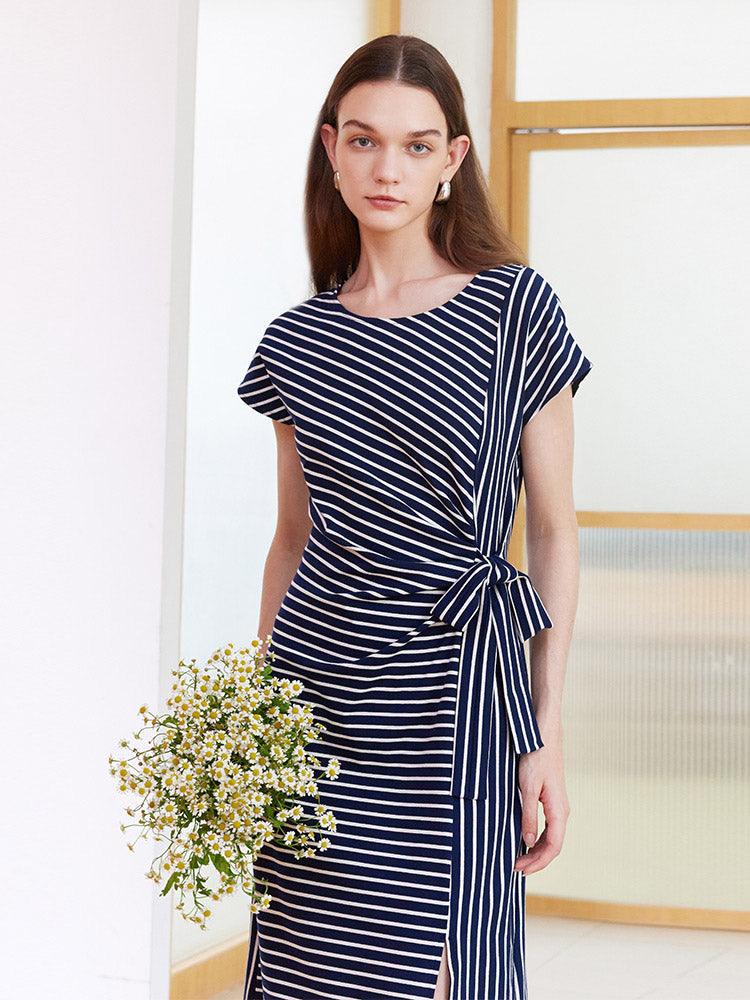 Navy Blue Stripe Wrap Dress GOELIA